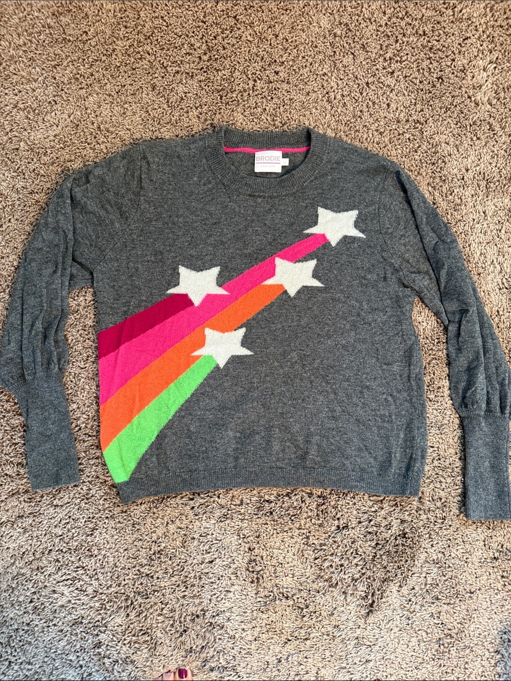 Brodie Cashmere Charcoal Crewneck with Pink, Orange, Green & White Star Stripe